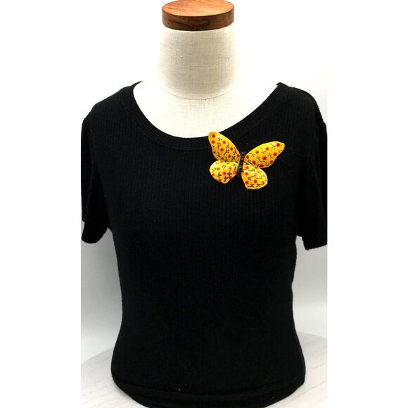 Vintage Yellow Butterfly Brooch Pin With Hand-Painted Red & Black Floral Design - Picture 5 of 5